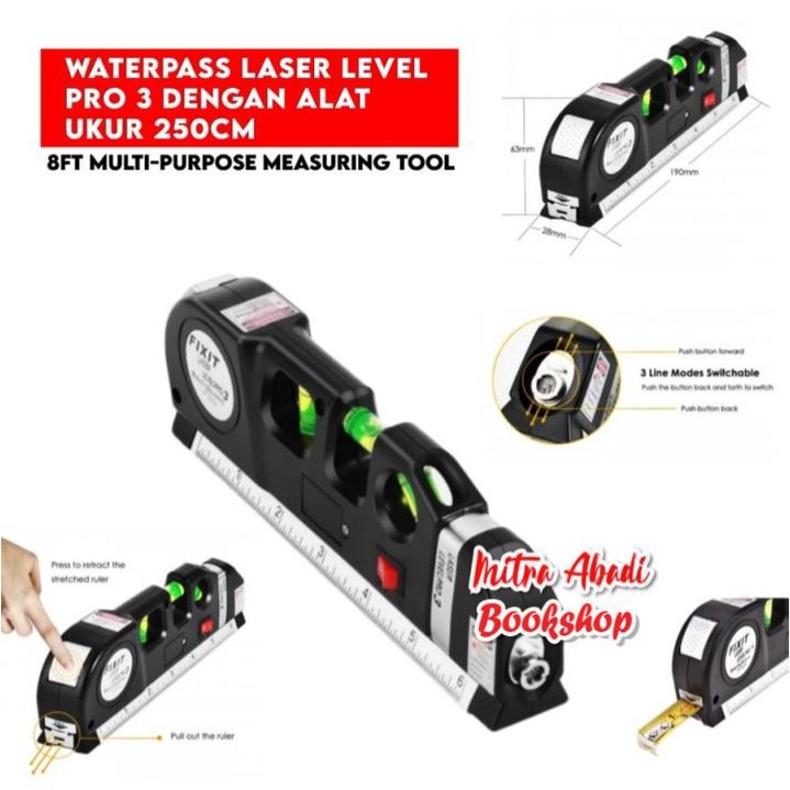 Waterpass Laser Level Pro 3 dengan Alat Ukur 250 cm Multi-Purpose Tool