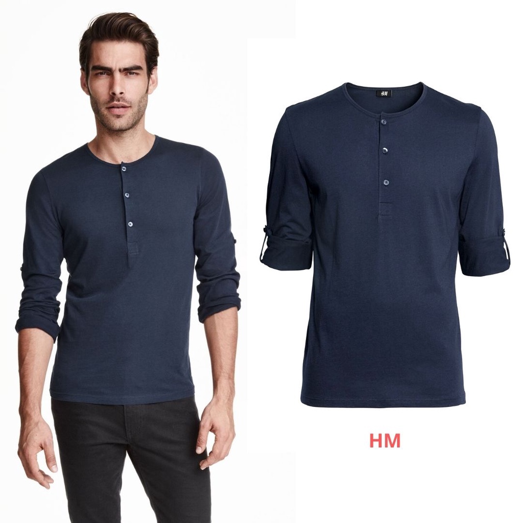 [ALL SIZE] HM Men Henley T-Shirt - Kaos Pria Lengan Panjang Original - Dark Navy