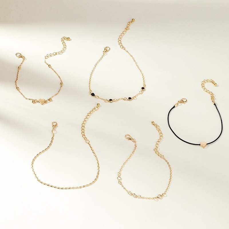5pcs / Set Gelang Kaki Multilayer Desain Hati Warna Emas Untuk Wanita