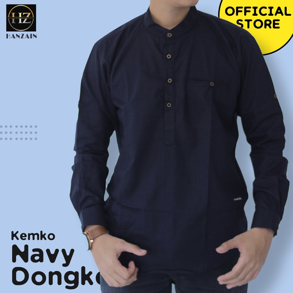 KEMKO KEMEJA KOKO PRIA LENGAN PANJANG - KATUN - BIRU DONGKER NAVY - HANZAIN OFFICIAL
