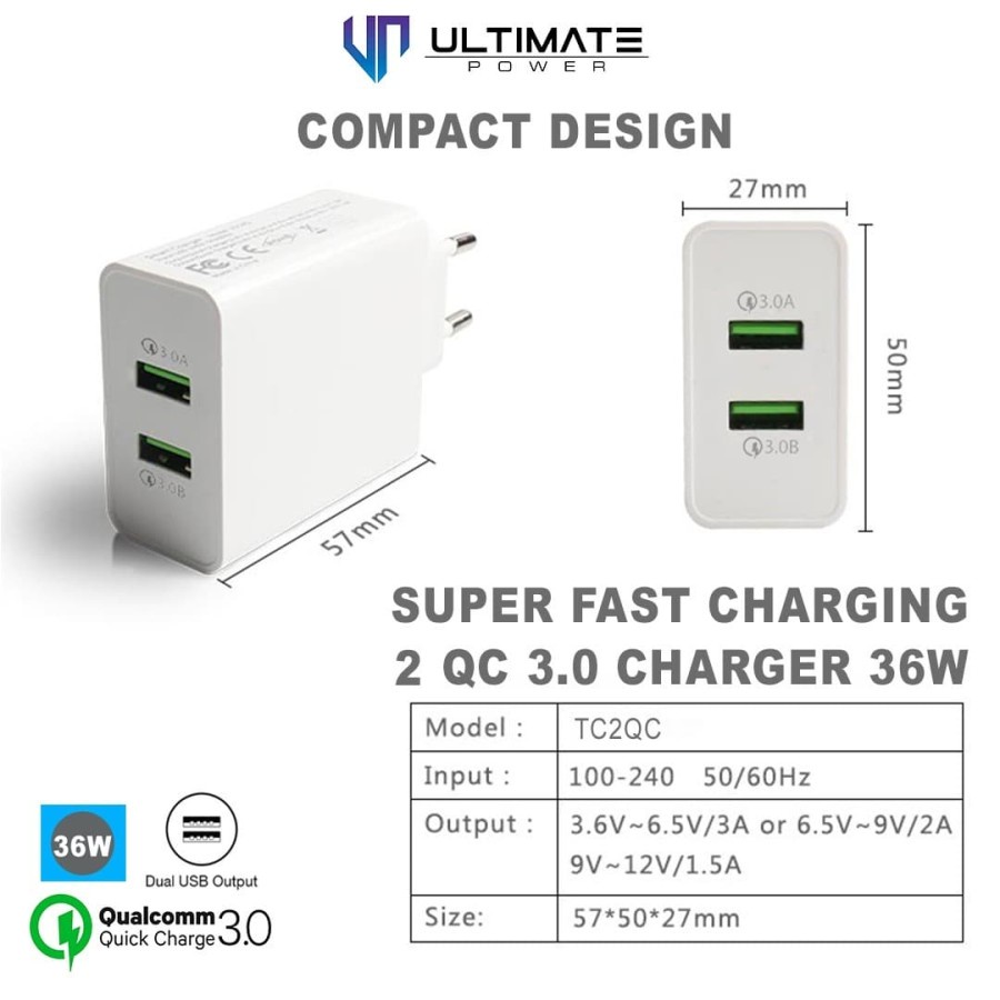 Ultimate Adapter Fast Charging Dual USB QC 3.0 Charger 36W TC2QC