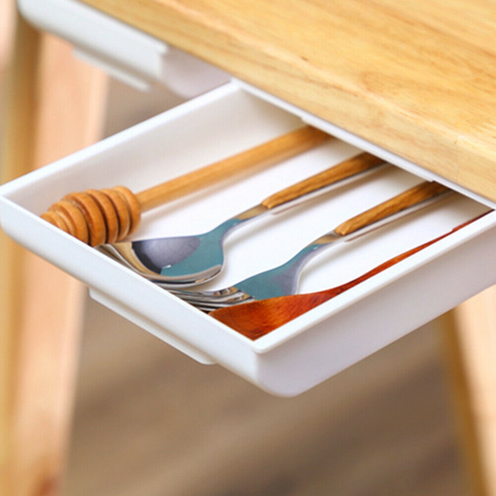 Kotak Penyimpanan Kantor Mini Tersembunyi Push-Pull Invisible Menabung Ruang Bebas Pukulan Di Bawah Meja Self-adhesive Laci Plastik