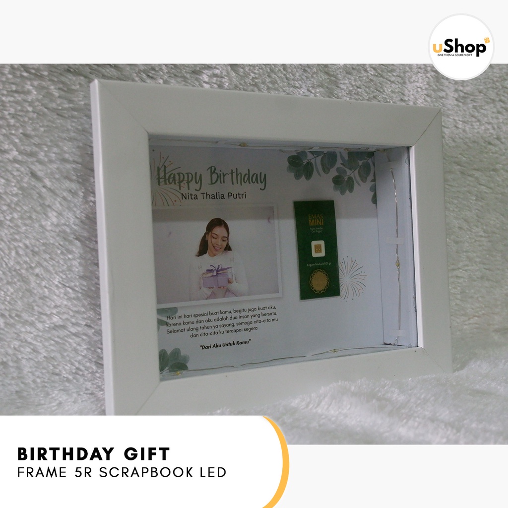 Birthday Gift Frame 5R Scrapbook LED Kado Ulang Tahun Kado Anniversary Logam Mulia Emas Mini