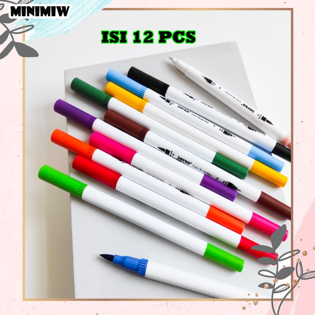 BRUSH PEN 12 COLOR CLP-06 JOYKO DUAL TIP DOUBLE BRUSH ALAT TULIS KEKINIAN UNIK LUCU MURAH