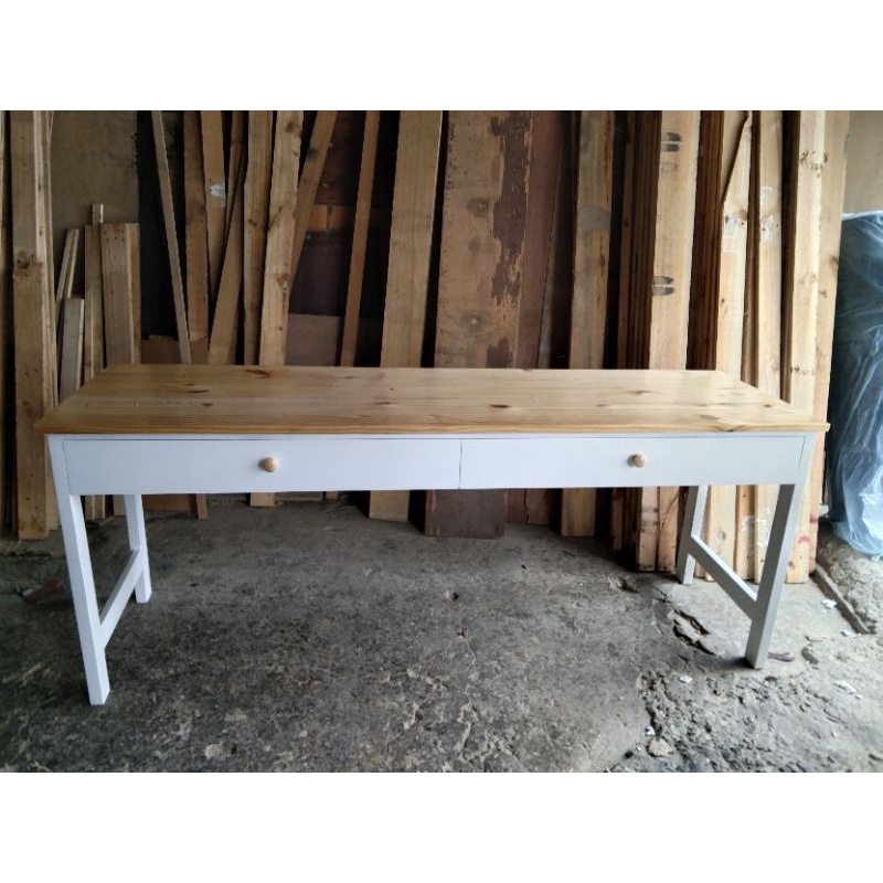 Meja 2 laci natural kaki  full putih uk 200x60x80