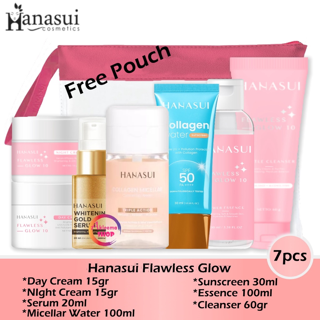 Paket Hanasui Flawless Glow 7pcs (day cream 15gr+night cream 15gr+serum gold 20ml+Micellar 100ml+essence 100ml+cleanser 60gr+Sunscreen 30ml)