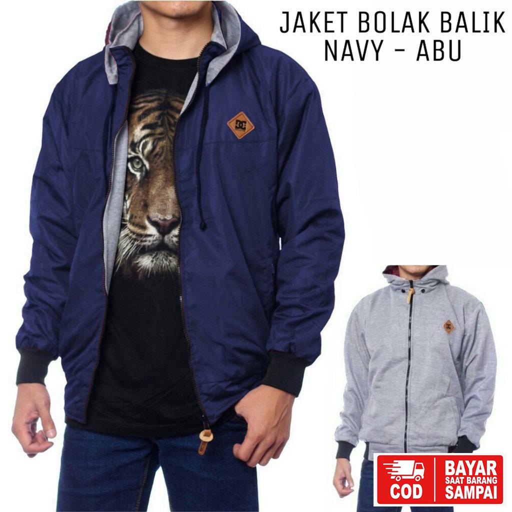 JAKET DC BOLAK BALIK / JAKET MOTOR / JAKET PARASUT HITAM-ABU-NAVY-ABU