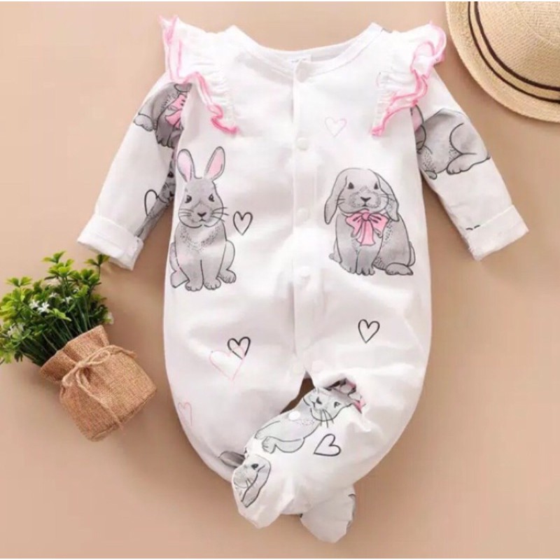 Baju Baby Perempuan Baby Girl Cetakan kelinci Lucu Jumpsuit Putih