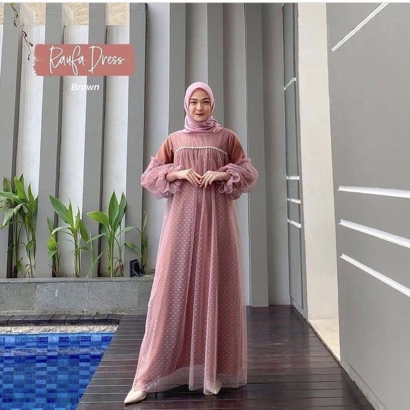 Raufa Dress Baju Muslim Wanita Matt  Moscrepe Mix Tulle dot Size M-XXL / Dress Kondangan Wanita Terlaris / Dress Kekinian / Dress Murah / Dress Terbaru