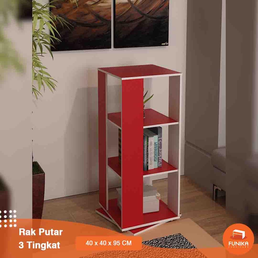 Funika 22001 RD/WH - Rak Putar 3 Tingkat / Rak Serbaguna 3 Susun / Rak Minimalis / Rak Buku Kayu / B