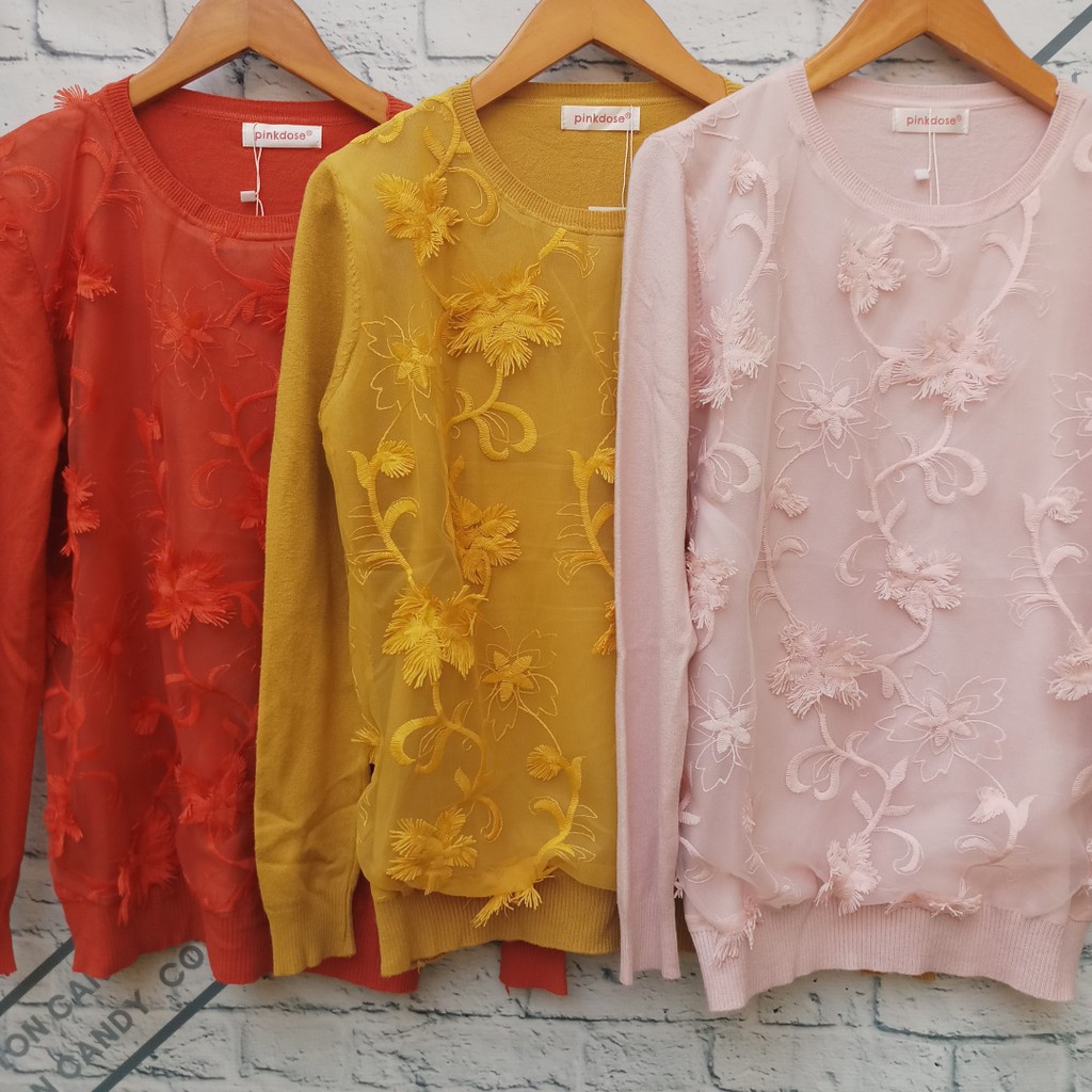 SWEATER WANITA RAJUT MOTIF BUNGA tangan panjang