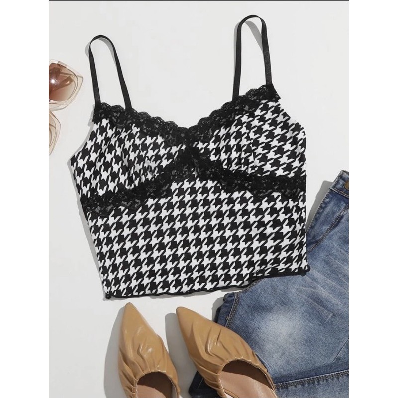lace trim houndstooth crop tank top / y2k top outfit