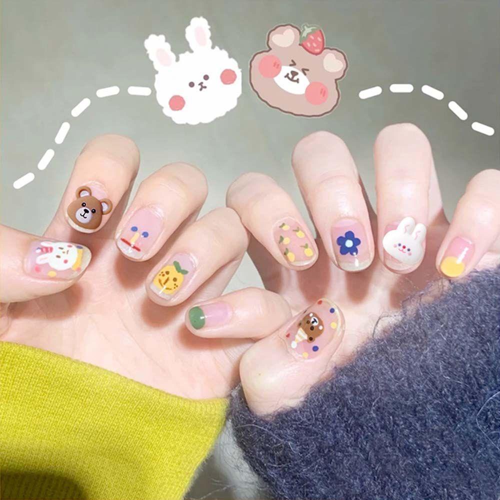 Nickolas1 Kartun Nail Art Cute Kawaii Strawberry Bear Kucing Gadis Kecil Perhiasan Nail Art Jepang DIY