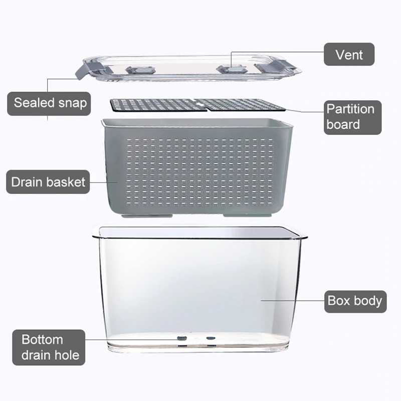 Kotak Kontainer Makanan Kulkas Drainer Kitchen Storage Food Box 1.7L with Lid - RFS49 - 7RHZJ2GY Gray