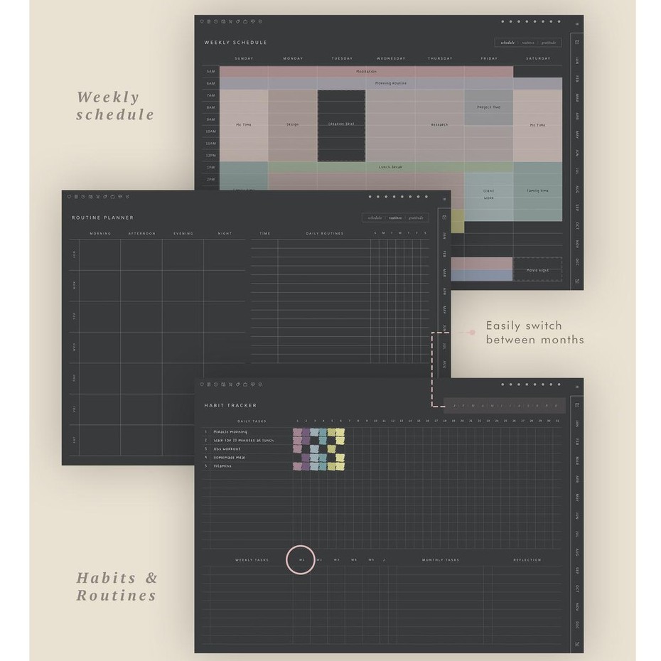 Digital Journal &amp; Planner - Undated Blackout Daily Planner for Goodnotes, Notability, Xodo, (Full Page Hyperlinked)