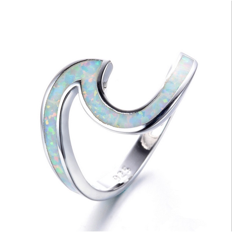 925 Sterling Silver Wave Design Ocean Blue Fire White Stone Personality Charm Ring Size 5-12