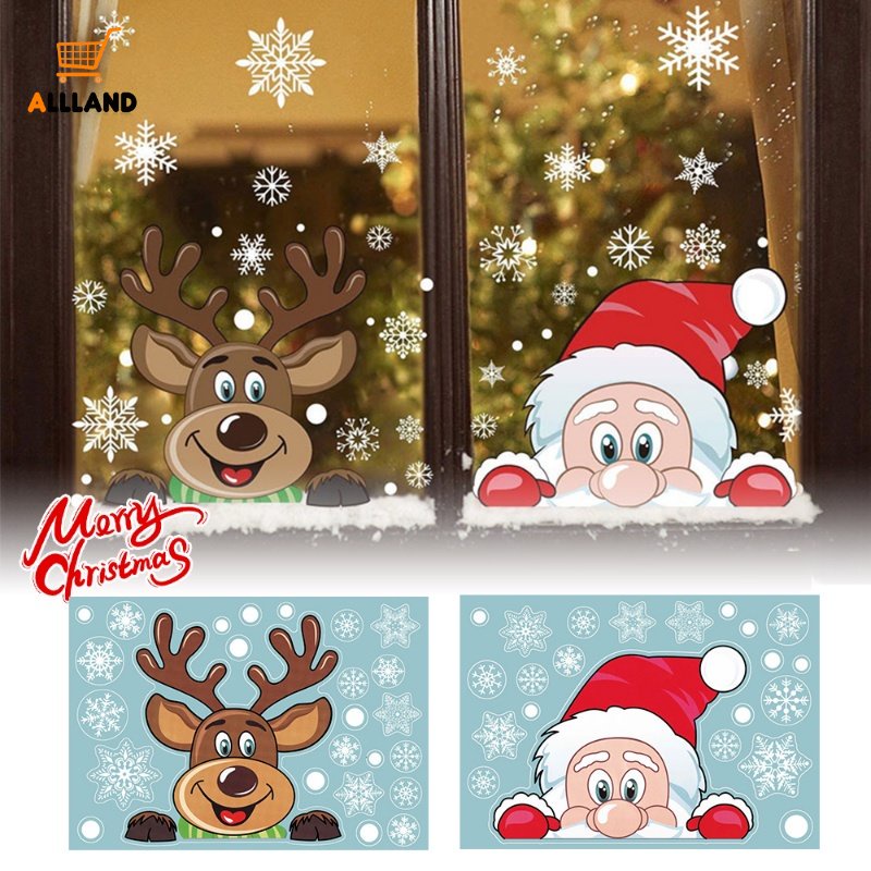 Stiker Jendela Motif Kartun Santa Claus Snowflake Rusa Natal Bahan PVC Elektrostatis Untuk Dekorasi