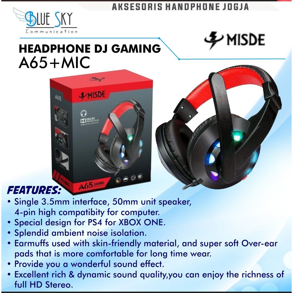 HEADSET HEADPHONE EARPHONE DJ GAMING A65 PLUS MIC