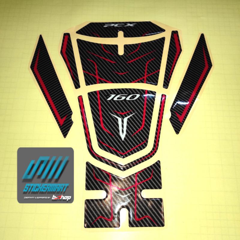 TANKPAD NEW PCX 160 LIST MERAH RED VARIASI MOTOR MOTIF CARBON TIMBUL ELASTIS