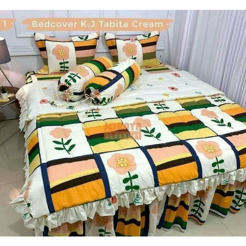 Sprei rumbai set bedcover motif K.J TABITA CREAM Ukuran 100*200-200*200