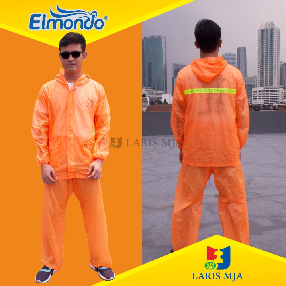 Jas Hujan Pria Bahan Karet Setelan Jaket Celana Laki-laki Dewasa Mantel Ujan Elmondo Ceria Orange