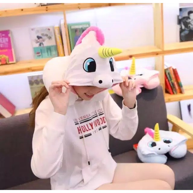 Bantal leher neck pillow hoodie travel traveling gemoy mini anak dewasa aesthetic lucu karakter unicorn imut empuk dan lembut import