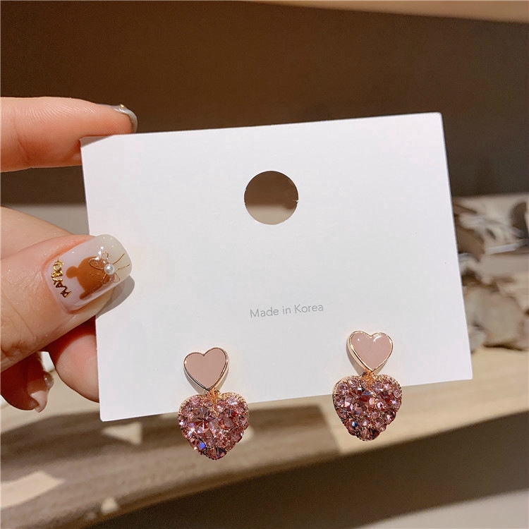 Anting love Berlian glitter Pink lady sweet Lucu korea