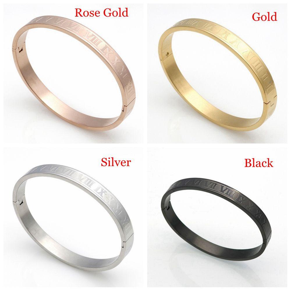 Lily Royal Angka Romawi Gelang Charm Pasangan Hadiah Rose Gold/Silver/Black/Gold Titanium Steel