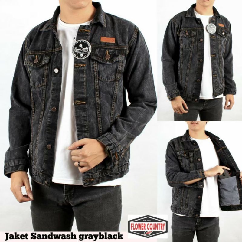 jaket jeans denim pria greyblack jaket denim sandwash distro ripped sobek2 big size M-XXL