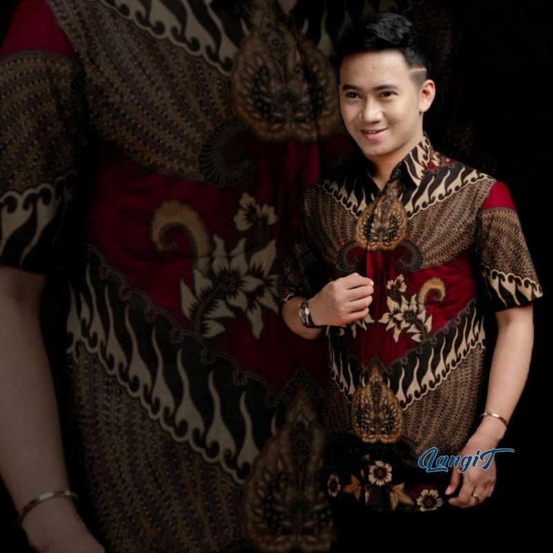Batik Pria Lengan Pendek Premium BATIK AZMIL HRB026 motif KERATONAN Kode 002 size M L XL XXL-PENDEK-Garuda Merah