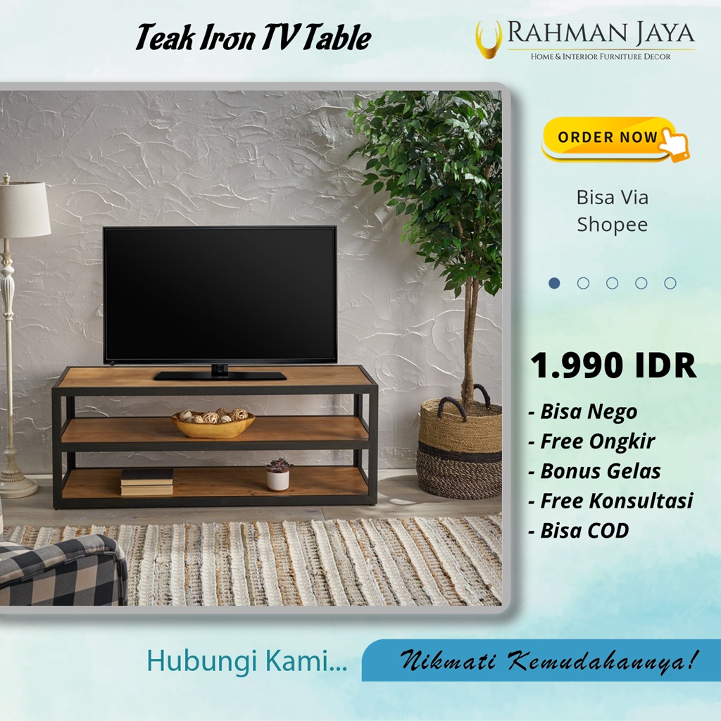 Meja TV Kayu Jati Kombinasi Besi