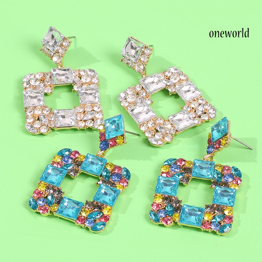 OW# Women Geometric Square Multicolor Rhinestone Eardrop Statement Stud Earrings Gift