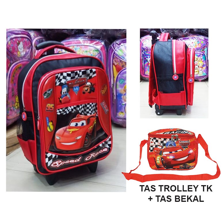 PROMO Tas Roda Dorong Trolley Anak Laki Laki TK Gambar Cars Mobil Merah Soft Timbul 3 Kantung