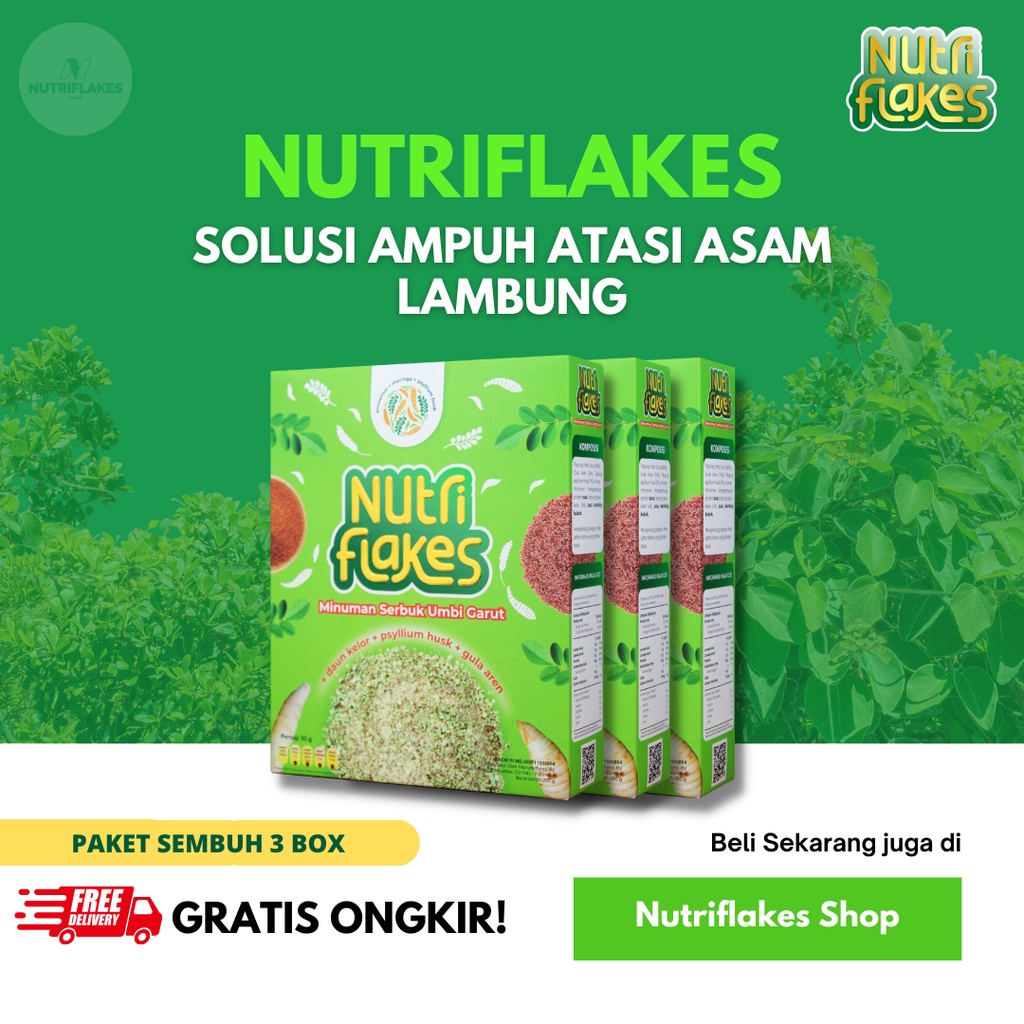 

BISA COD!!! NUTRIFLAKES SEREAL UMBI GARUT WITH PSYILIUM HUSK & DAUN KELOR 3 BOX 840 GRAM SOLUSI AMPUH BEBAS ASAM LAMBUNG DAN MAAG MAKANAN SEREAL SEHAT BERGIZI BERNUTRISI SUDAH BPOM HALAL ASLI ORIGINAL 100% TERLARIS BEST SELLER