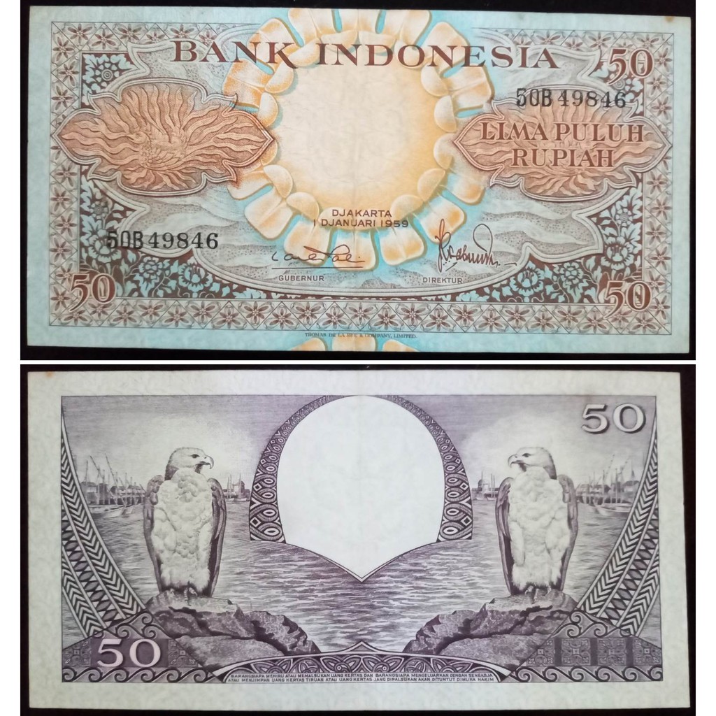 Uang Kuno 50 Rupiah Tahun 1959 Seri Bunga Prefik Satu Huruf "B"