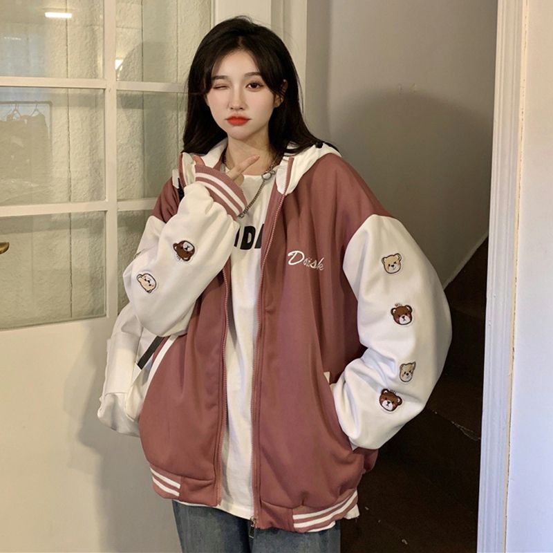 Little Bear Hooded Baseball Varsity Jacket merah biru hitam jaket