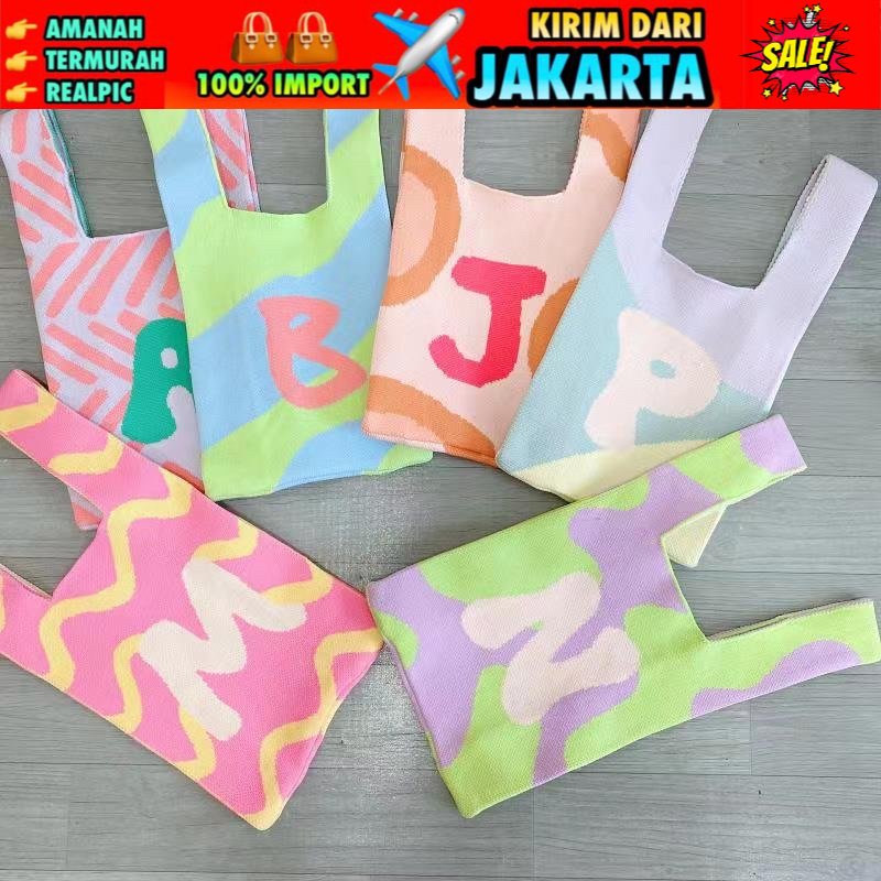 TAS WANITA 3148 - Tas BUFFOLLOW Vacay Tote Bag Alphabet Edition - Tas BUFOLLOW BUFFOLOW BAG VIRAL THAILAND - BENE Korean Knitted Checkered Tote Bag / Tas Rajut Korea - E1