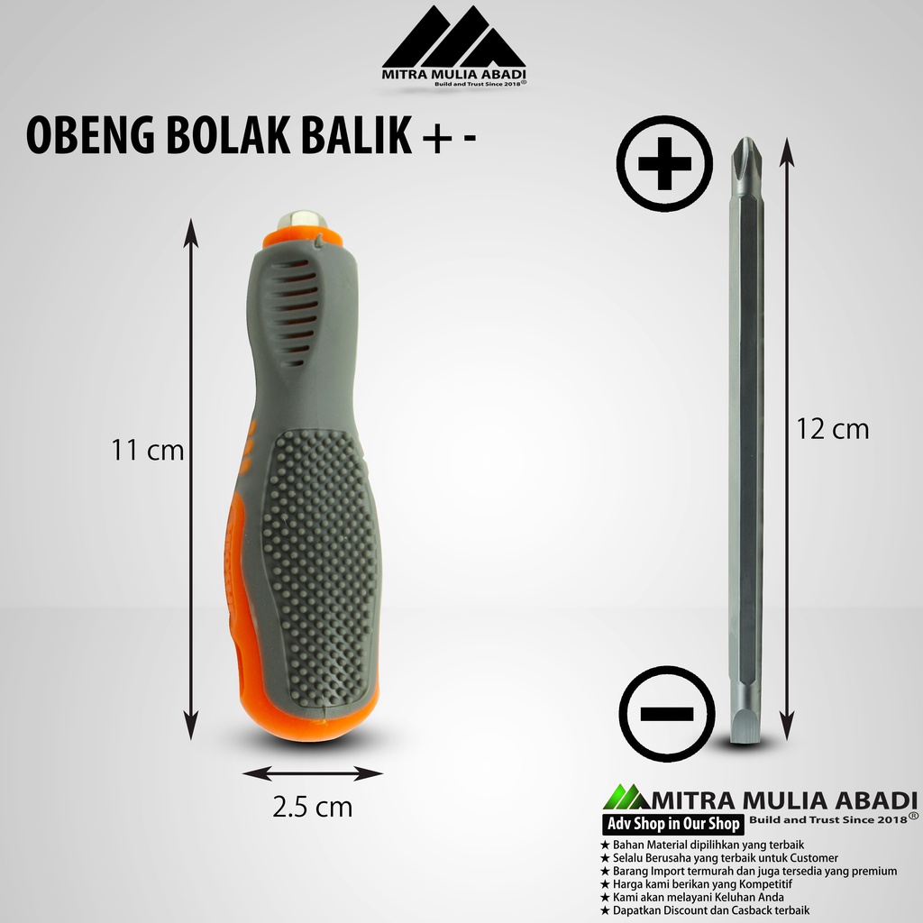 Obeng Bolak Balik Plus Minus Premium Hioshi Stainless Steel SUS-304 | Gagang Karet 8 Inch