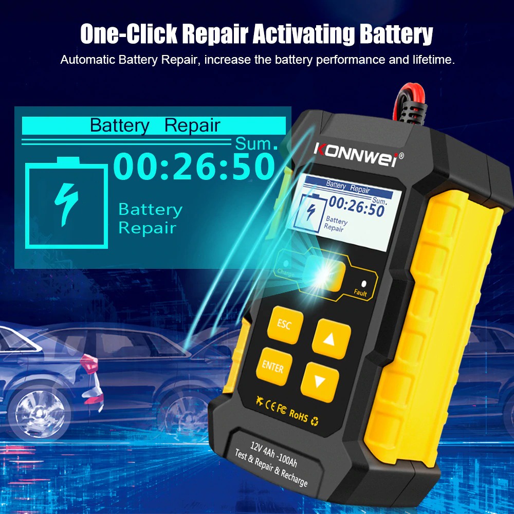 Alat Tes Aki KONNWEI KW510 12V 5A Automatic Car Battery Tester Pulse Repair Charger