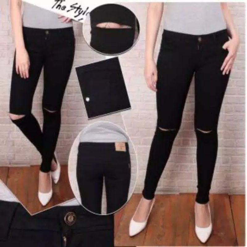 CELANA JEANS WANITA CELANA JEANS SOBEK LUTUT CELANA JEANS HITAM