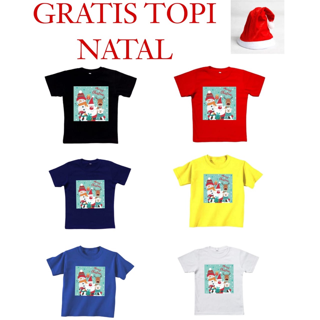 Kaos Distro Natal Anak Laki Laki Gratis Topi Umur 2 - 10 Tahun Pakaian Kaos Atasan Natal Anak Lengan Pendek SGL