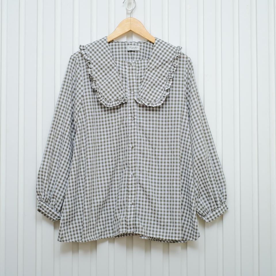 Terlaris.. Mayoutfit Deian Blouse | Kemeja Katun Kerah Ruffle Motif Kotak