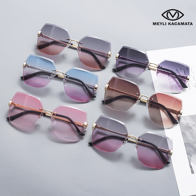 【TERSEDIA & COD】/Kacamata wanita tak berbingkai/Kacamata hitam mode/Kacamata poligon/sunglassesUV400-4