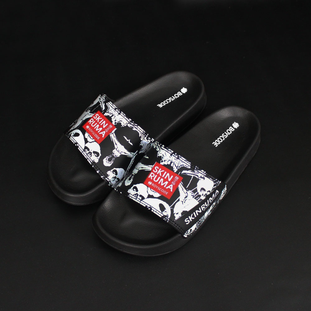 Sendal Selop Pria Wanita Distro Boyscode X Skinruma Black Skull / Sendal Slip On Pria / Sendal Slide Pria / Sendal Slop Pria