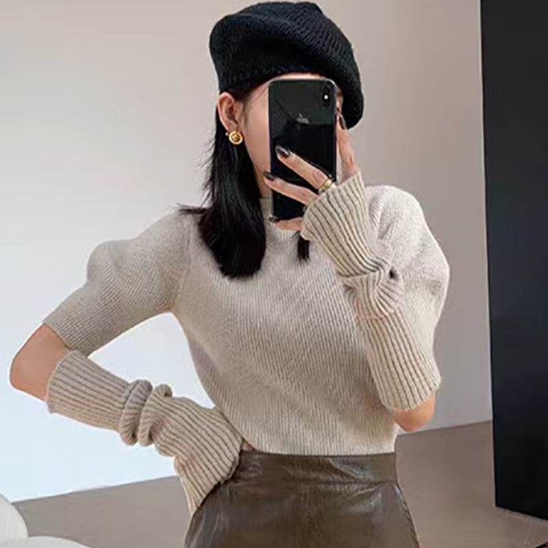 Suhao Musim Semi dan Musim Gugur Round Neck Vintage Bubble Sleeve Pullover Knitwear Legging Sleeve Sleeve Cover Element Top
