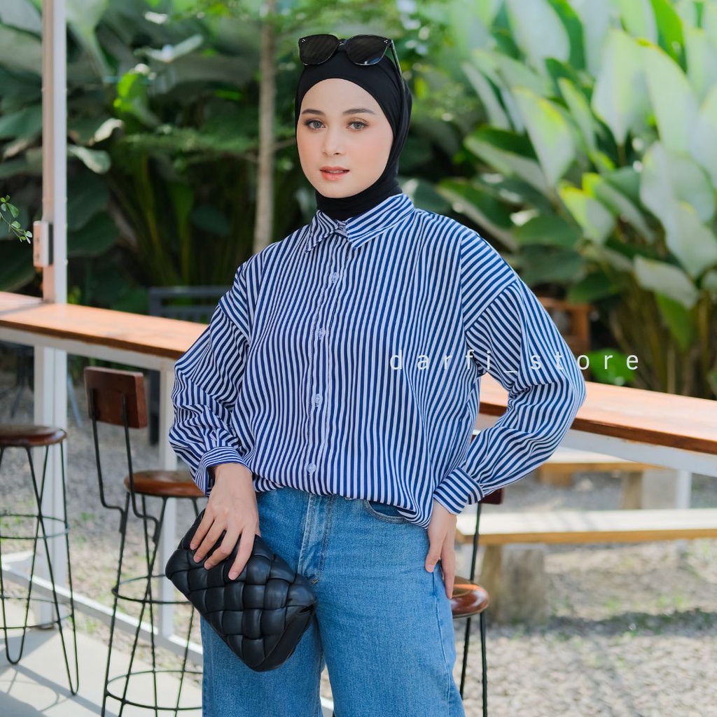 YunZo Kemeja - Ukuran S M L XL XXL 3XL 5L - Kemeja Wanita Jumbo - Kemeja Salur Jumbo