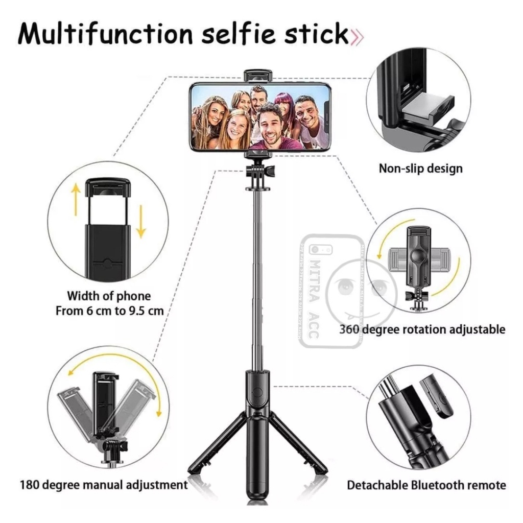 Tripod Bluetooth Tripod 4in1 Selfie Stick Remote Tongsis Action Cam Black