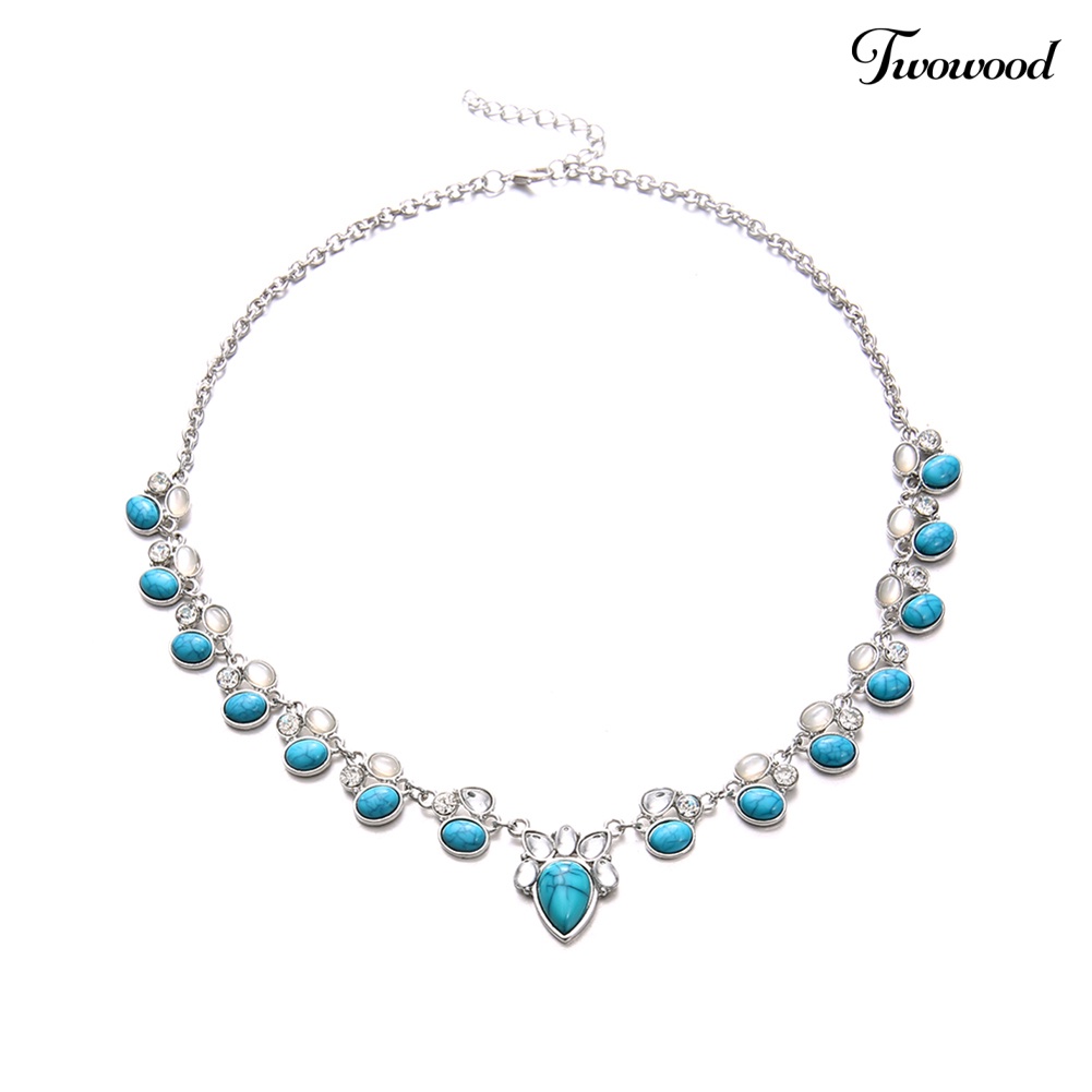 Kalung Rantai Choker Dengan Liontin Opal Turquoise Imitasi Untuk Wanita