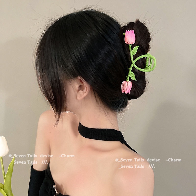 Jepit Rambut Cakar Bahan Logam Bentuk Bunga Tulip Ganda Untuk Aksesoris Wanita