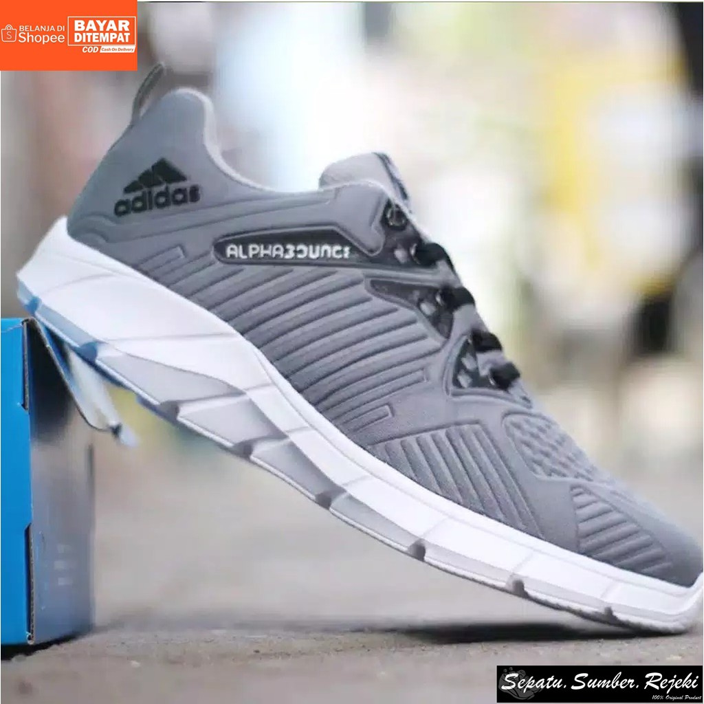 Sepatu Sneakers Olahraga Pria Outdoor / Sepatu Adidas Alphabounce Grey Running Gym Fitness Terbaru